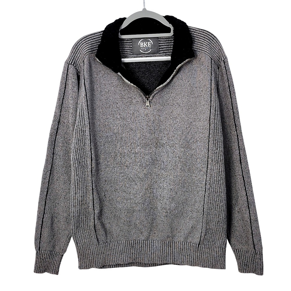 BKE Buckle Athletic Fit Ribbed Knit Pullover 1/4 Zip Sweater Mens XL Gray Marled